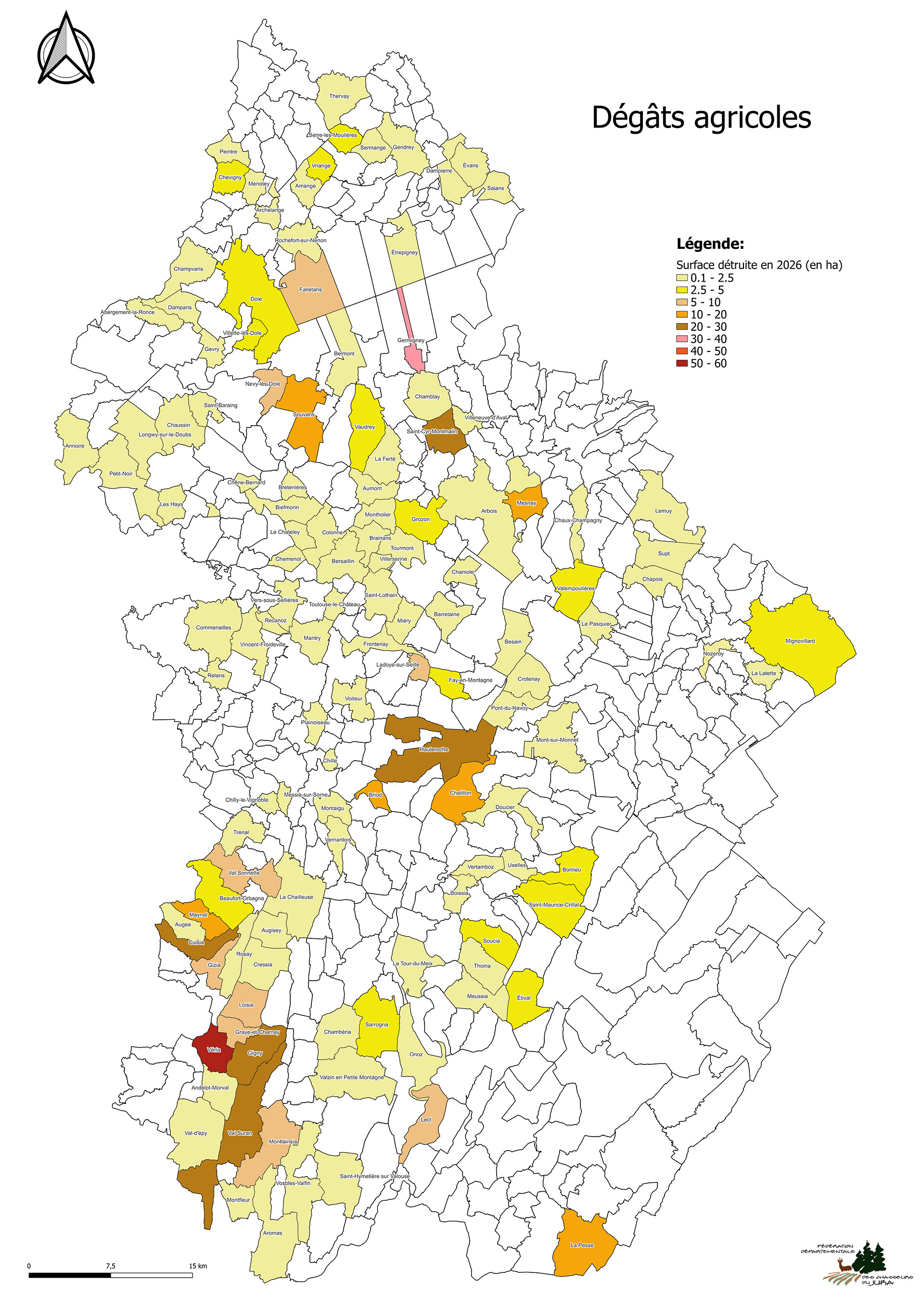 Carte des d&eacute;g&acirc;ts de sangliers dans le Jura au 30 septembre 2026